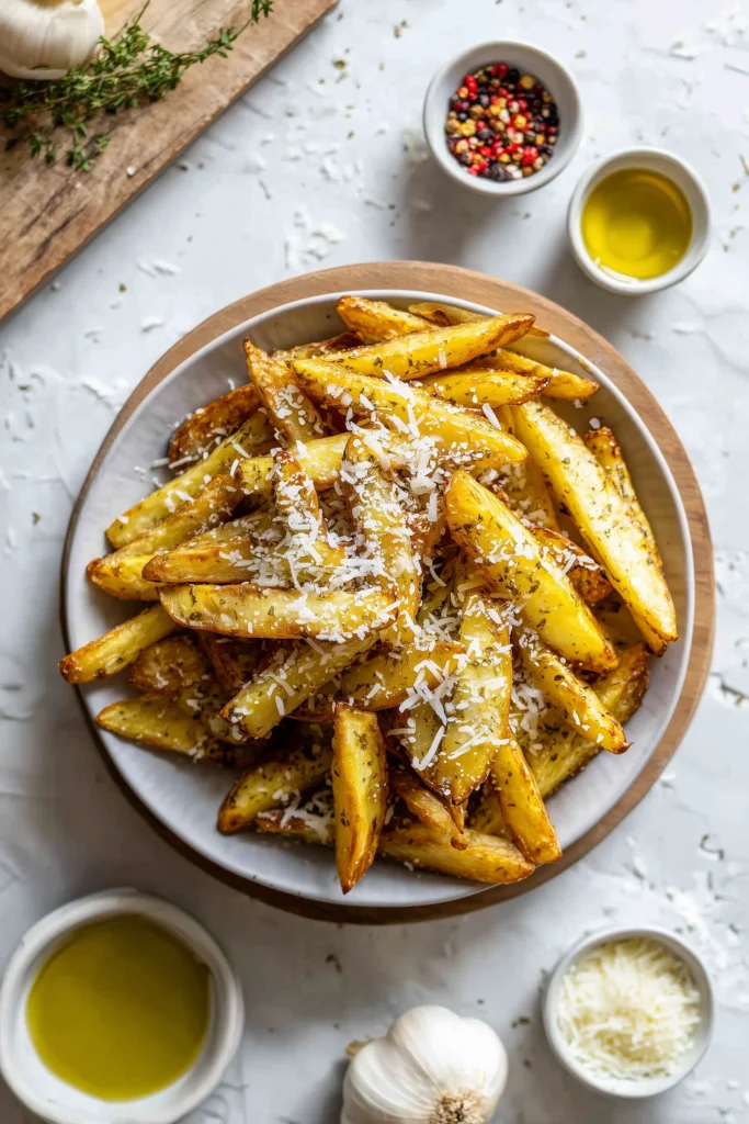 Crispy Crunchy Parmesan Potatoes ingredients laid out on pale wood: potato wedges, Parmesan, olive oil, garlic, spices.