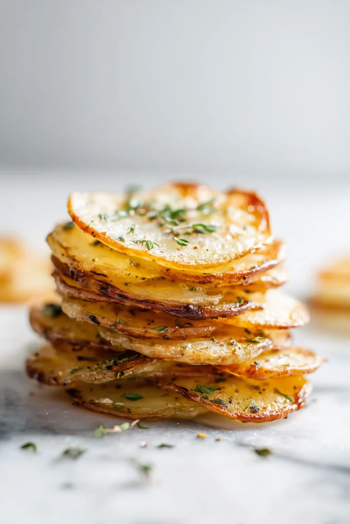 Overhead view of Crispy Potato Roast: Easy Thousand Layer Potatoes Recipe with golden crispy edges and layered potatoes in a light dish.