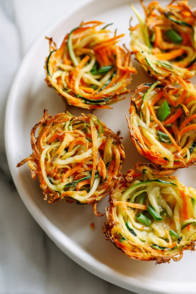 Close-up of crispy colorful vegetable nests with golden edges and vibrant vegetables.