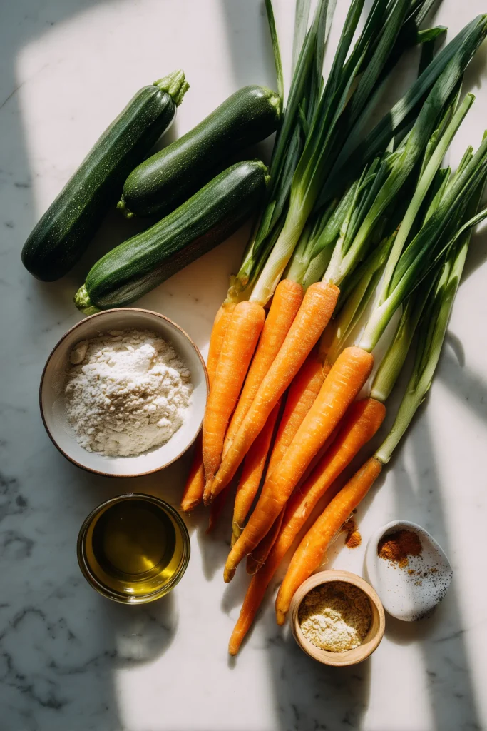 Ingredients for crispy colorful vegetable nests arranged on a bright surface.