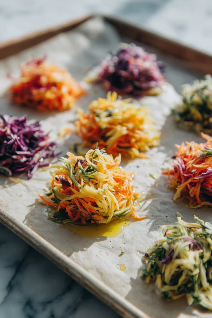 Vegetable nests made from colorful shreds arranged on a parchment-lined baking sheet.