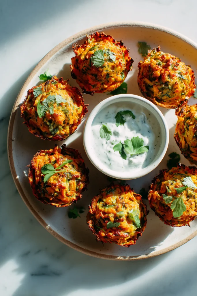Baked crispy colorful vegetable nests with a herby yogurt dip on a bright serving platter.
