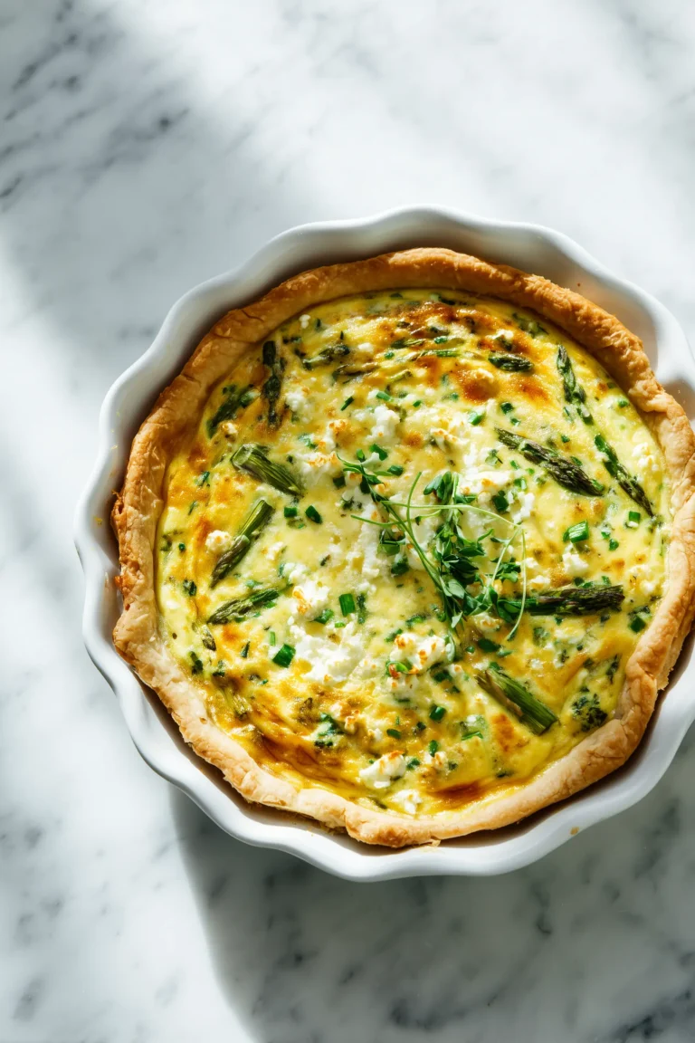Crustless Asparagus Quiche Recipe with golden edges, asparagus pieces, and cheese in a white pie dish on a bright marble background.