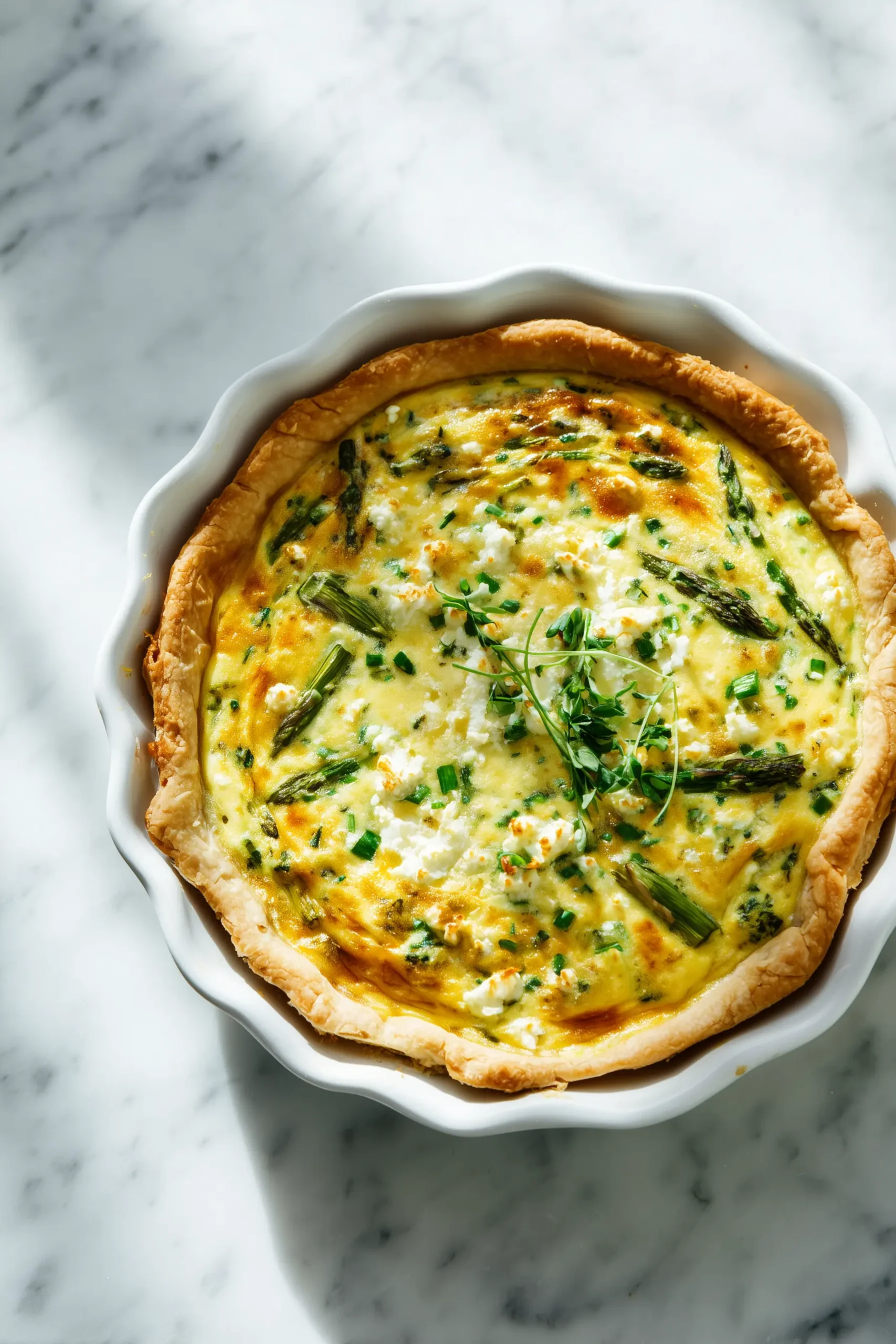 Crustless Asparagus Quiche Recipe with golden edges, asparagus pieces, and cheese in a white pie dish on a bright marble background.