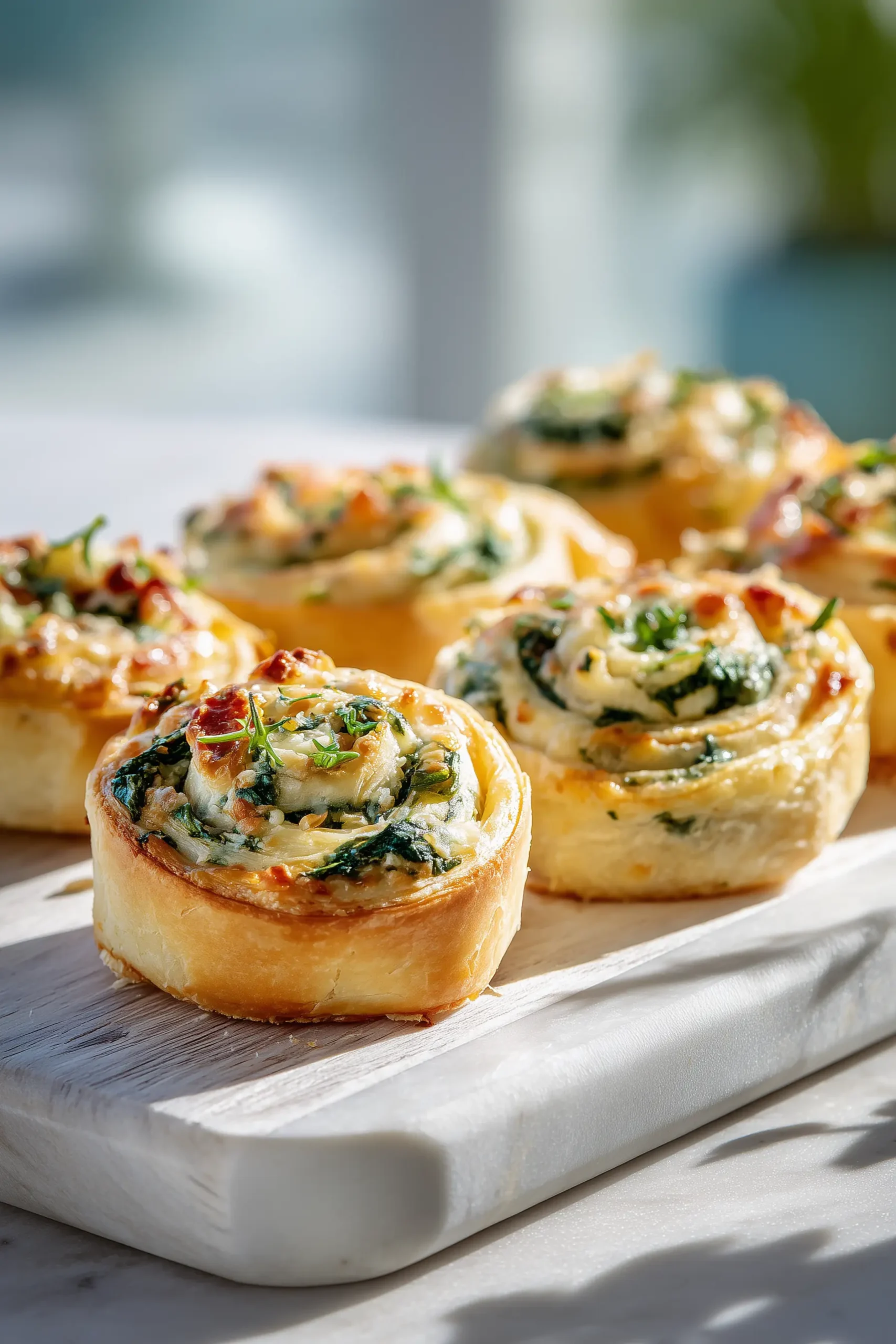 Overhead view of easy spinach pinwheels flaky cheesy on a white marble background, showing golden pastry and cheesy spinach filling.