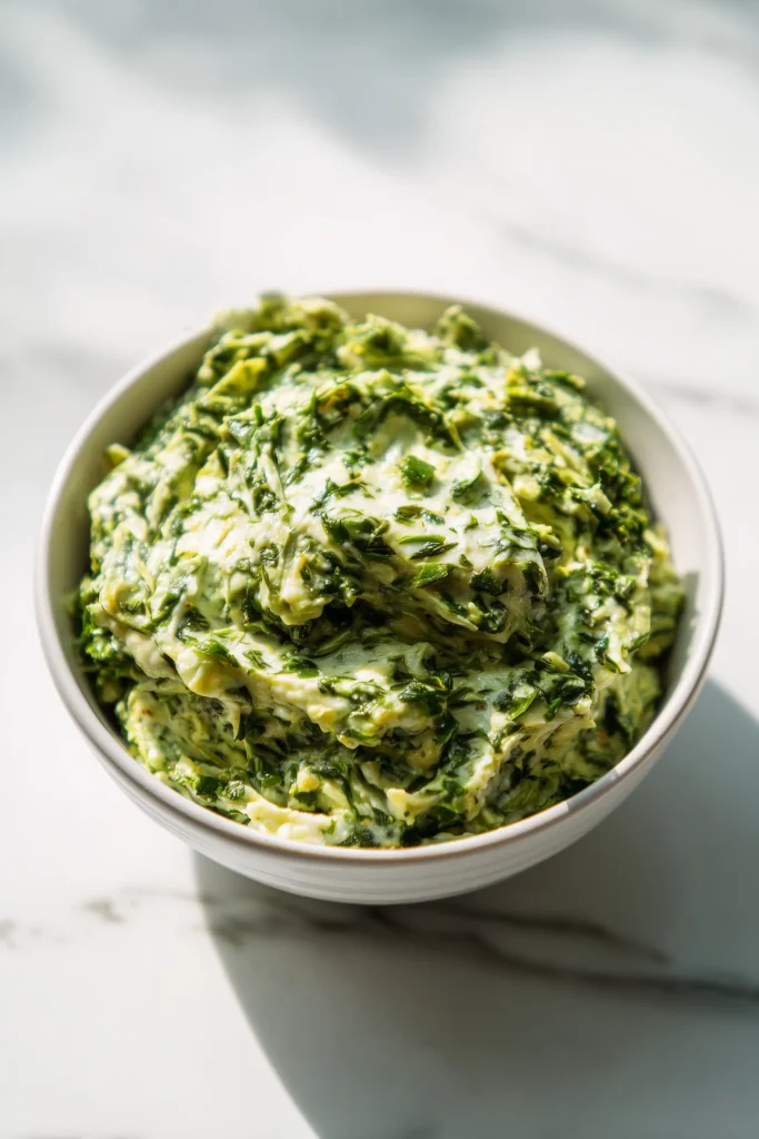 A close-up of a bowl with creamy spinach and cheese filling prepared for easy spinach pinwheels flaky cheesy.
