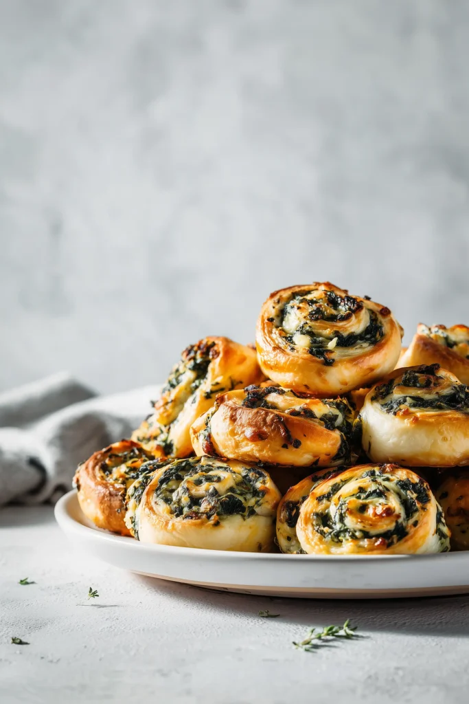 Freshly baked easy spinach pinwheels flaky cheesy piled on a platter, with golden pastry and cheesy spinach visible.