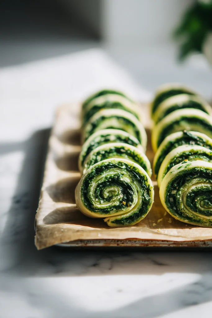 Unbaked easy spinach pinwheels flaky cheesy arranged on parchment, showing spinach and cheese in pastry dough.