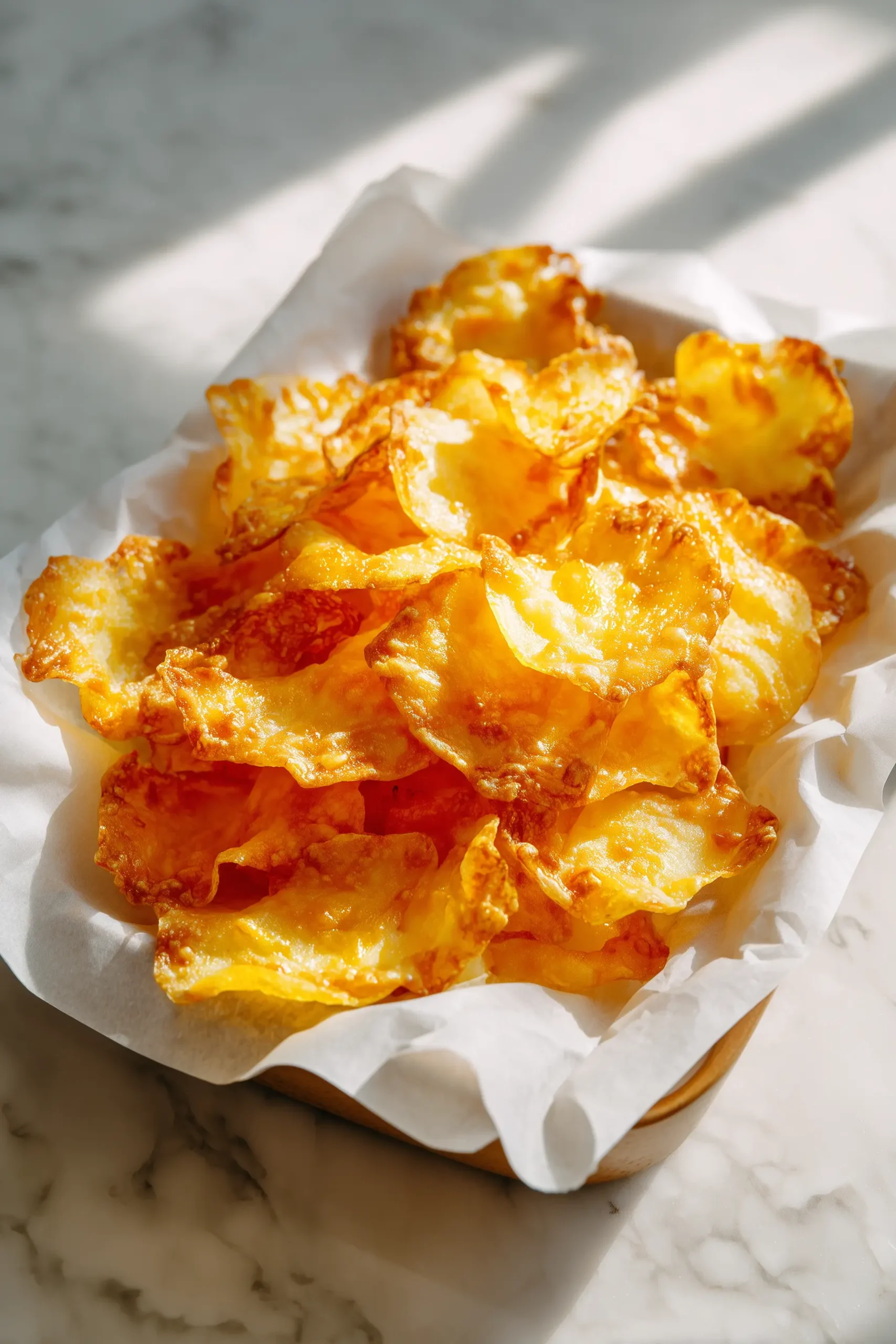 A tray of Easy Keto Cottage Cheese Chips with golden edges on parchment paper, showing their crispy, baked texture.