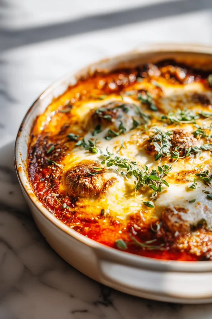 Low Carb Eggplant Lasagna Bake 1 Low Carb Eggplant Lasagna Bake with golden cheese and roasted eggplant, served in a white casserole dish.