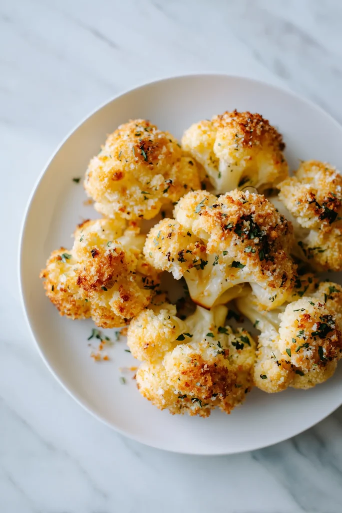 A plate of Crispy Parmesan Cauliflower Bites with golden, crunchy coating and fresh herbs.