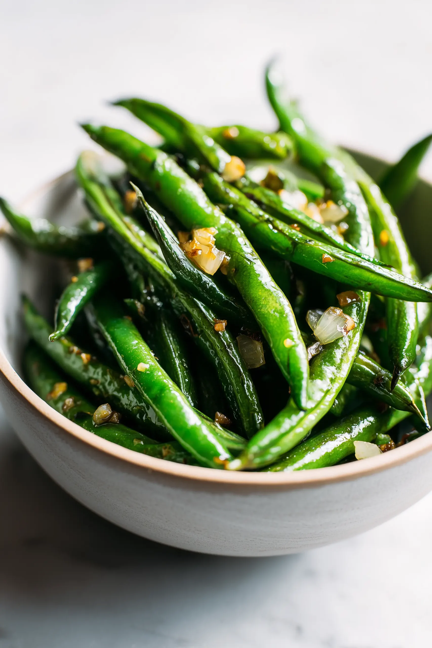 A bowl of sautéed green beans with golden edges and buttery finish displays the Sautéed Green Beans Recipe.
