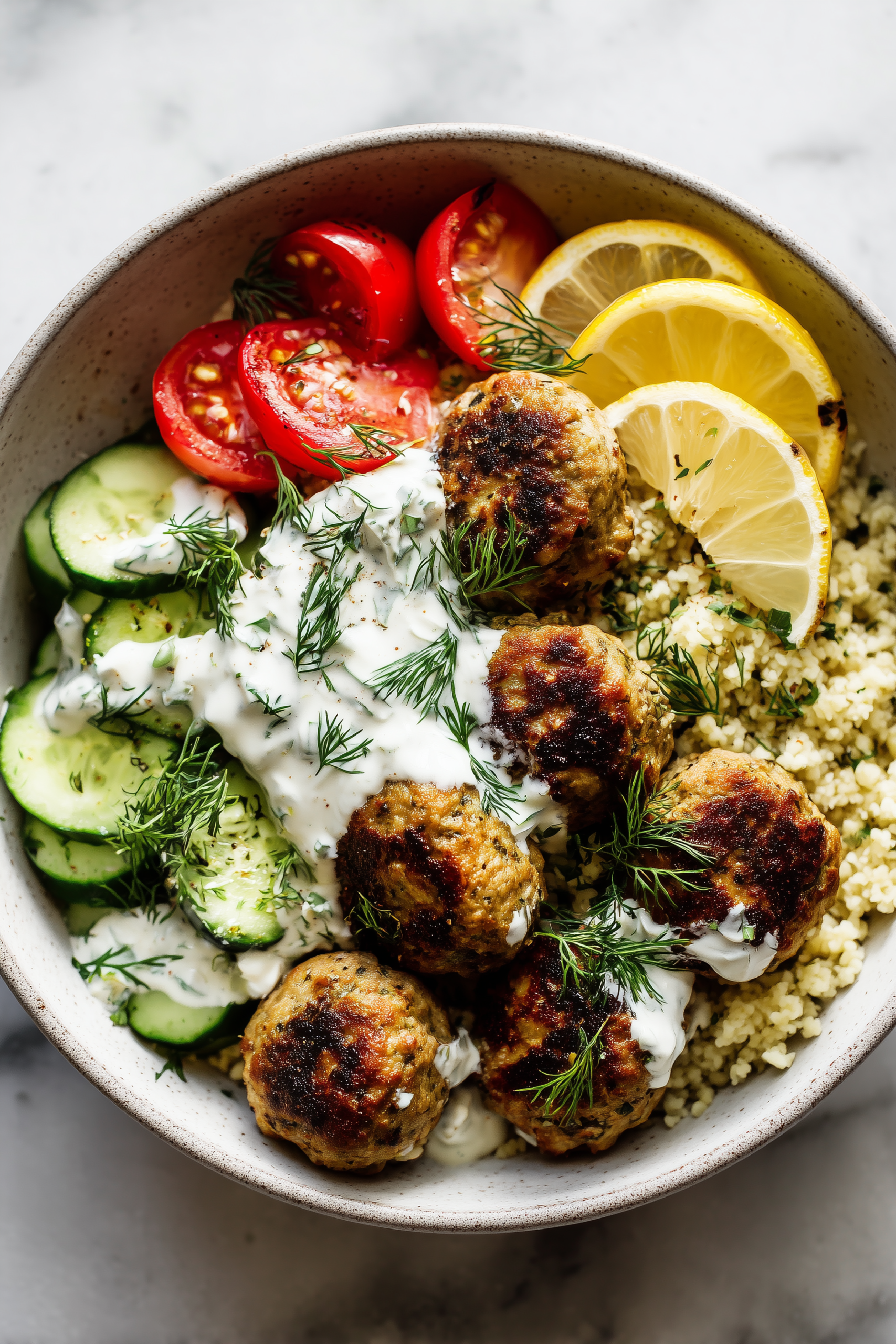 A bright, inviting bowl of Turkey Mediterranean Meatballs Bowl with golden meatballs, couscous, veggies, and tzatziki.