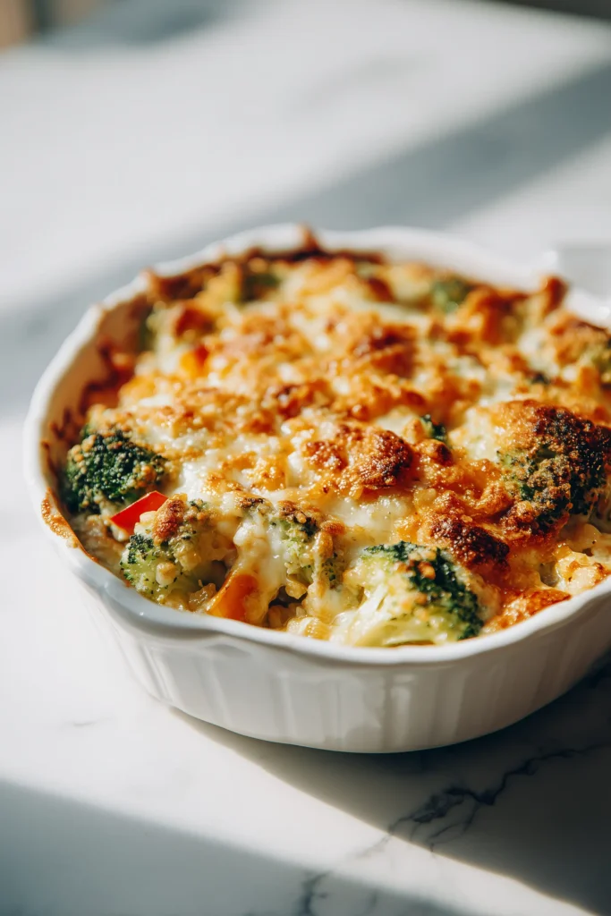 Ultimate High-Protein Veggie Bake with Cottage Cheese 1 Ultimate High-Protein Veggie Bake with Cottage Cheese in a white casserole dish, topped with vegetables and melted cheese.
