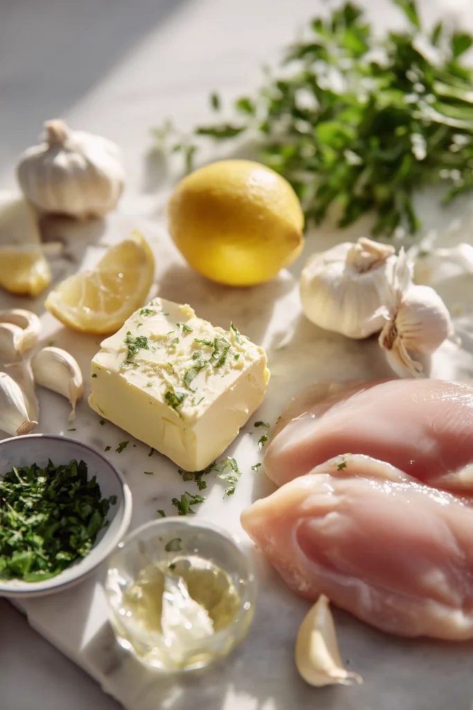 Ingredients for Garlic Herb Butter Chicken laid out on a marble surface, including chicken, fresh herbs, butter, lemon, and garlic.
