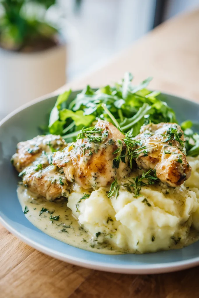 Plate of Garlic Herb Butter Chicken with mashed potatoes and salad, topped with garlic herb butter sauce.