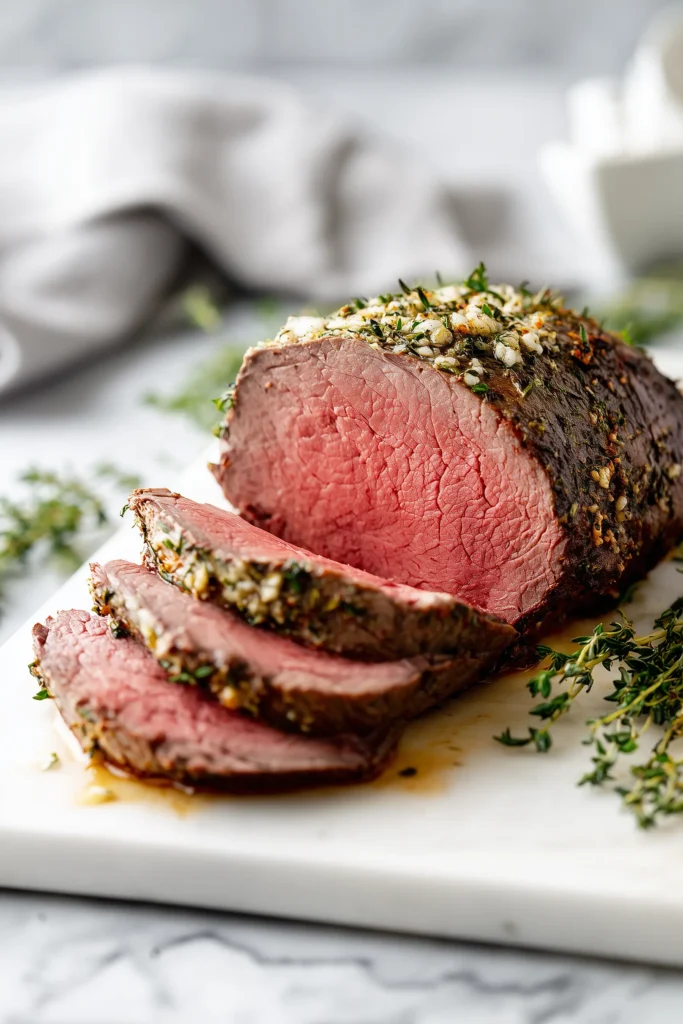 A sliced perfect garlic herb butter beef tenderloin recipe on a marble platter with fresh herbs and pan juices.
