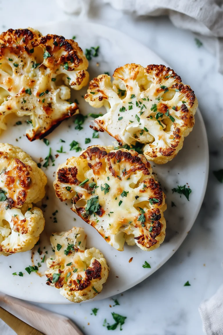 Golden brown cheesy cauliflower steaks showing melted cheese and crispy roasted edges on a serving platter.