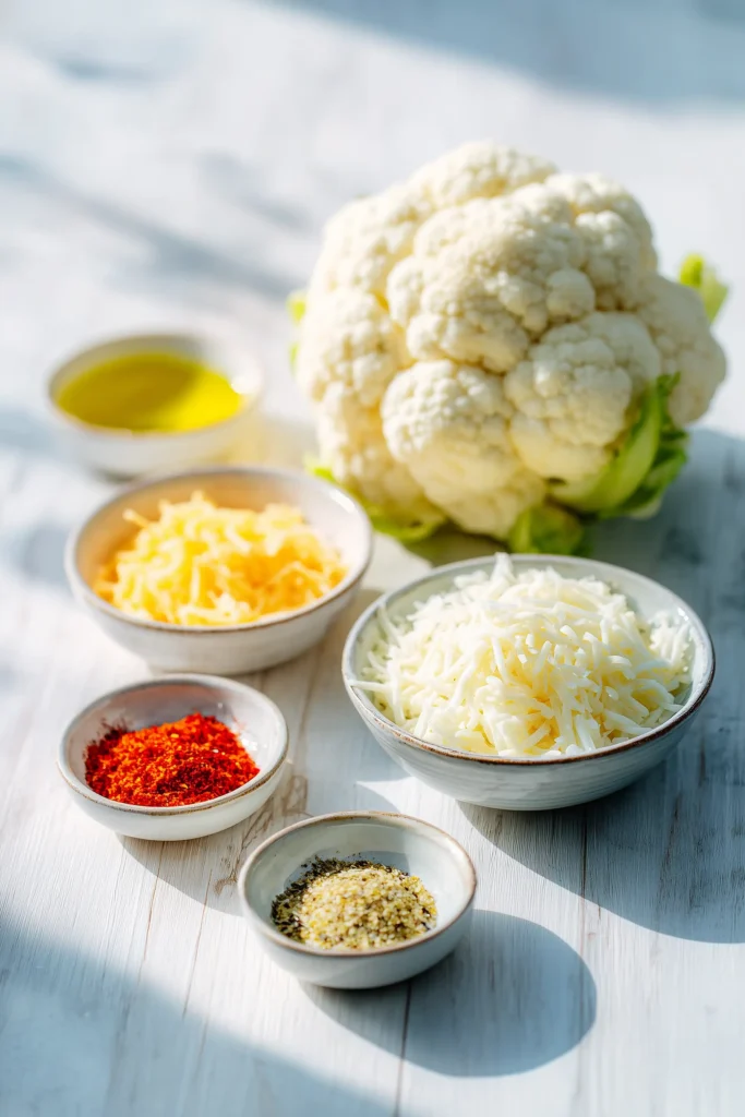 Ingredients including cauliflower, cheeses, oil, and seasonings for golden brown cheesy cauliflower steaks on a wood surface.