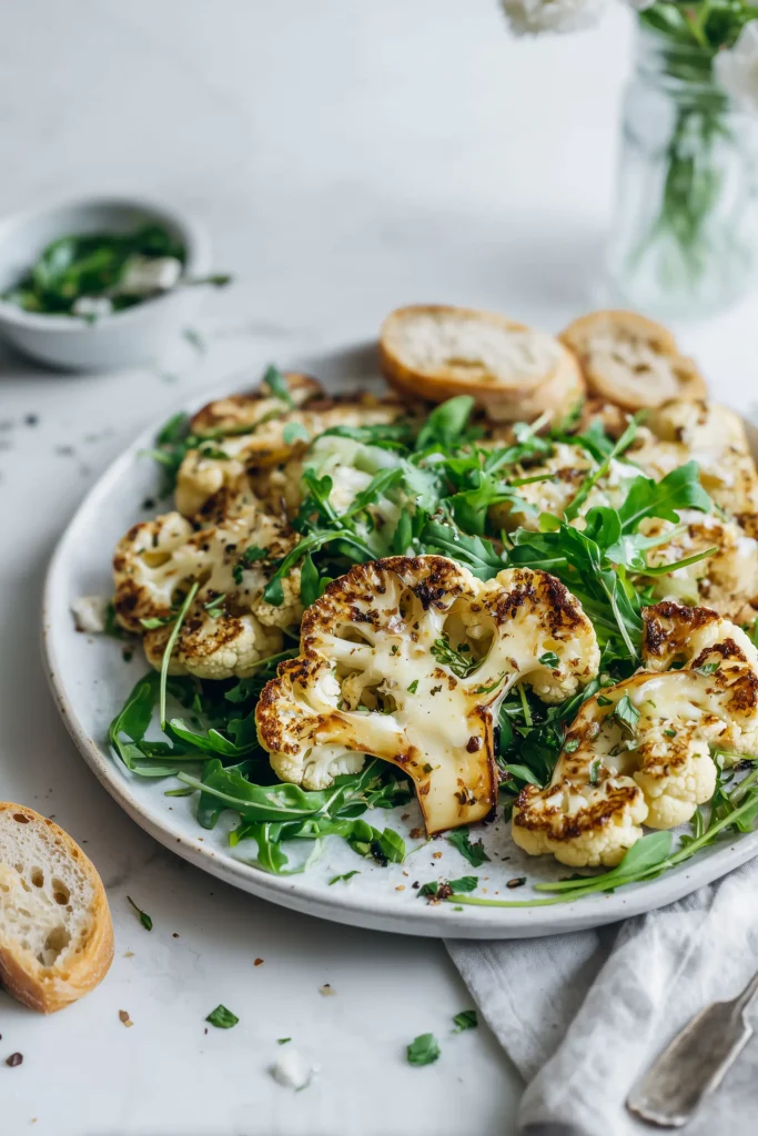 Golden brown cheesy cauliflower steaks served with arugula salad and bread on a bright tabletop.