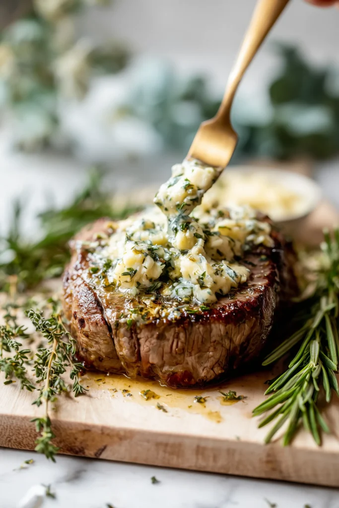 Garlic herb butter being spread on a perfect garlic herb butter beef tenderloin recipe on a wooden board.