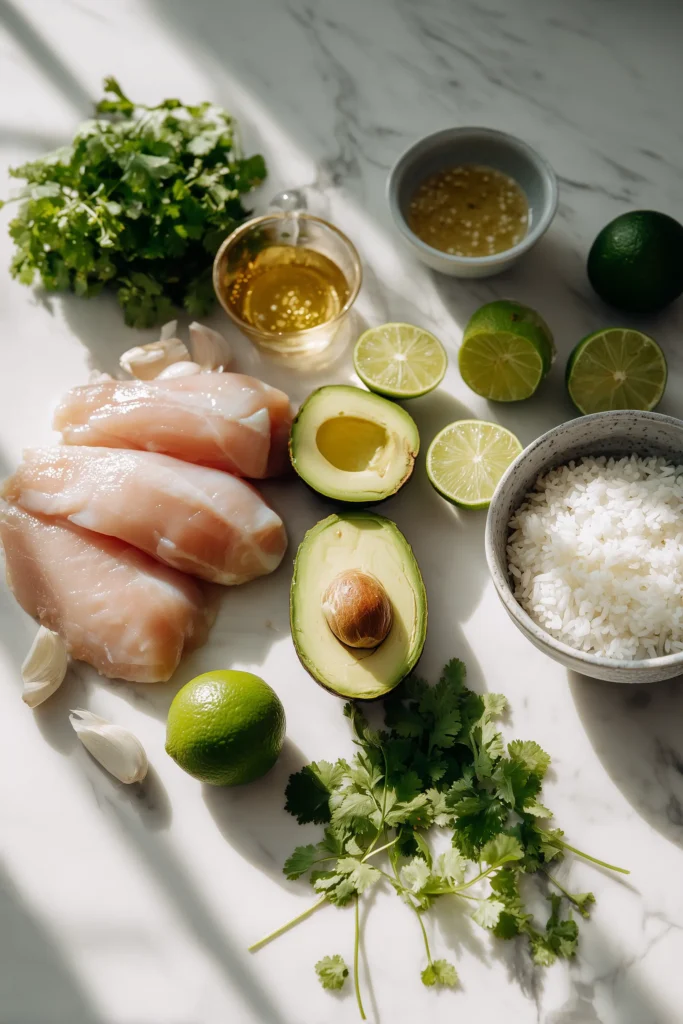 A top view of the main ingredients for Honey Lime Chicken & Avocado Rice Stack laid out on a bright marble background.