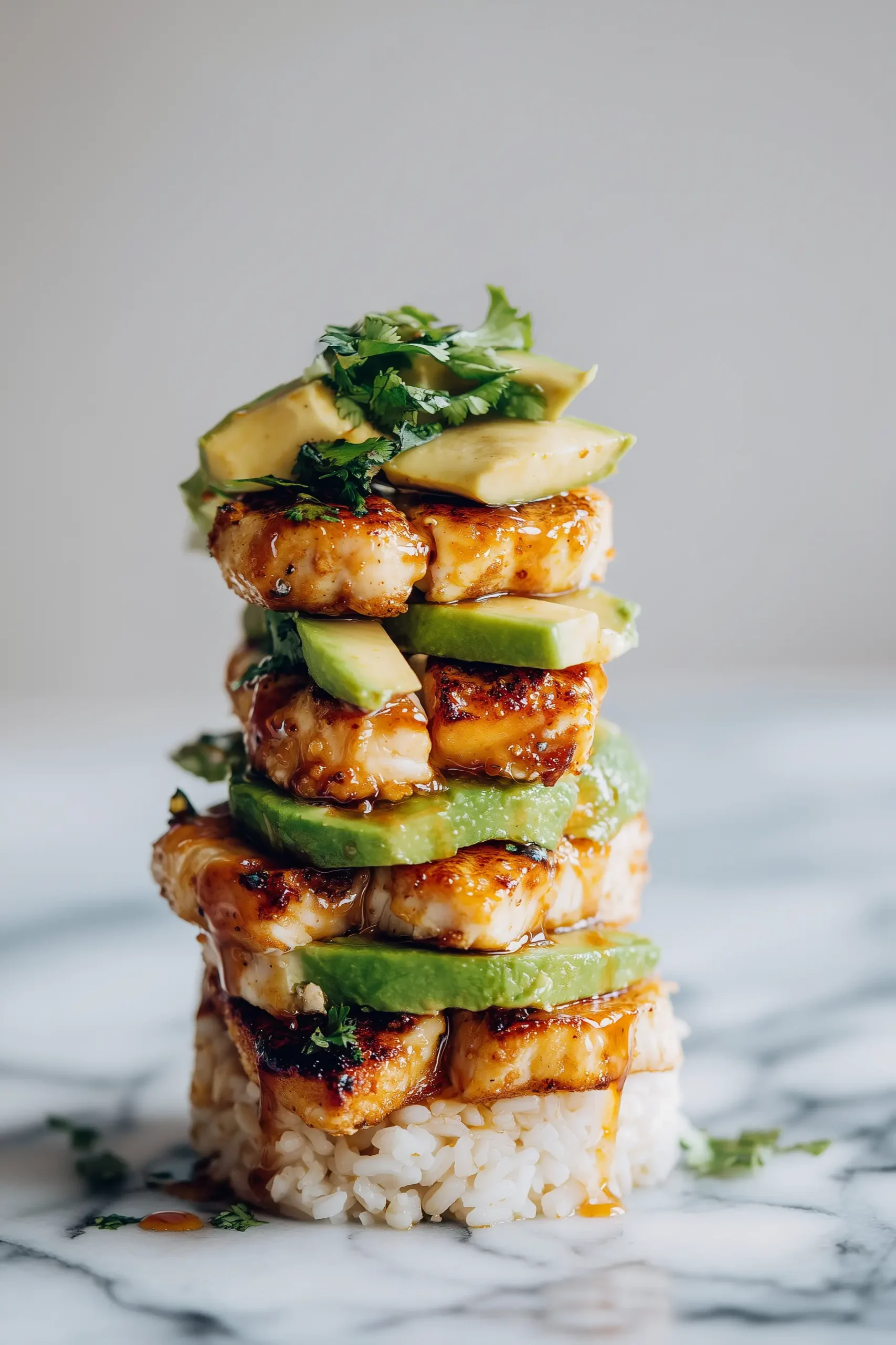 A close-up view of the Honey Lime Chicken & Avocado Rice Stack with golden chicken slices, creamy avocado, and herby rice stacked together.