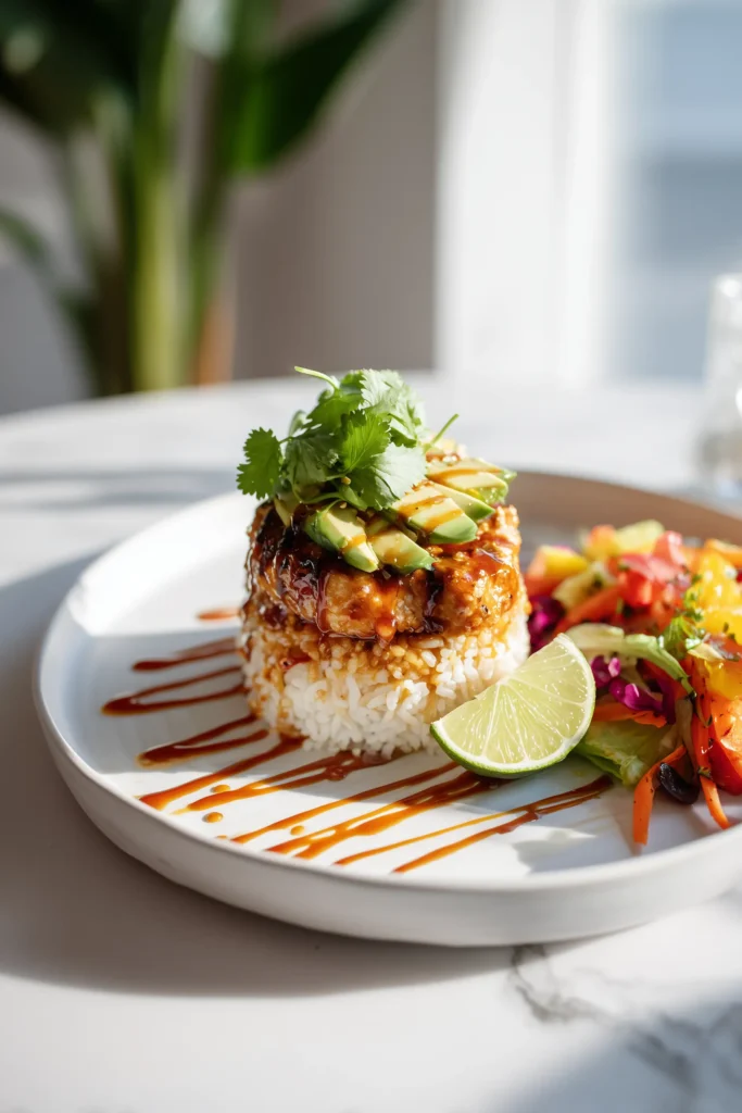 A plate with Honey Lime Chicken & Avocado Rice Stack served alongside side salads and roasted vegetables, beautifully garnished.