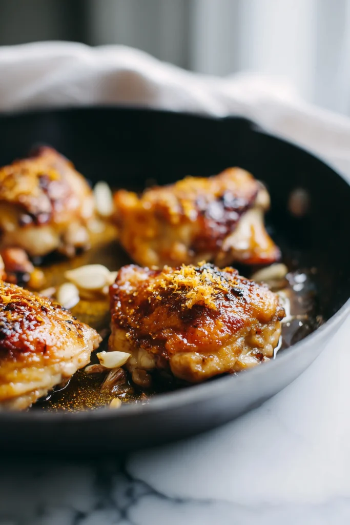 Golden honey-lime chicken cooking in a skillet, showing caramelized glaze and citrus zest for the Honey Lime Chicken & Avocado Rice Stack.