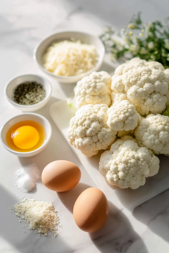 Fresh cauliflower, cheese, breadcrumbs, and eggs arranged for Crispy Parmesan Cauliflower Bites.