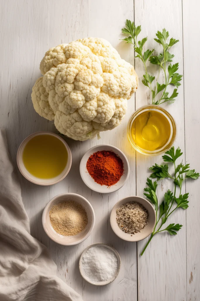 Ingredients for Crispy Baked Cauliflower Steaks arranged on pale wood background.