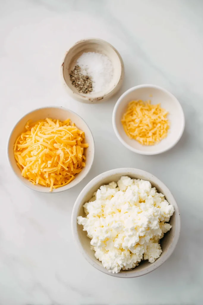 Overhead view of cottage cheese, shredded cheese, salt, and spices arranged on a marble surface for Easy Keto Cottage Cheese Chips.