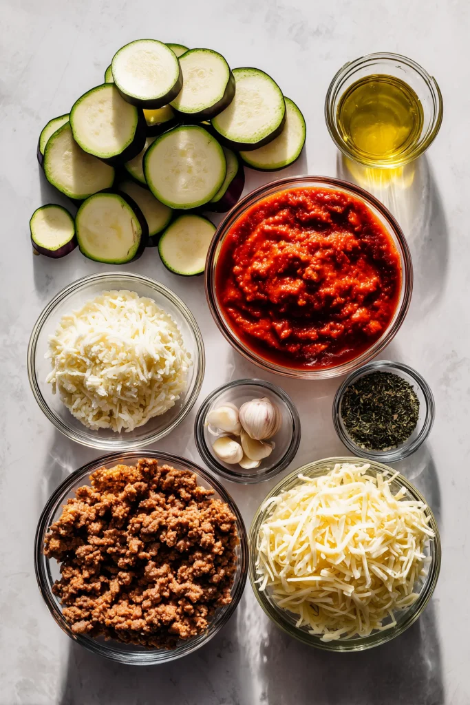 Low Carb Eggplant Lasagna Bake 2 Ingredients for Low Carb Eggplant Lasagna Bake, including eggplant, cheese, and marinara, arranged on a marble surface.