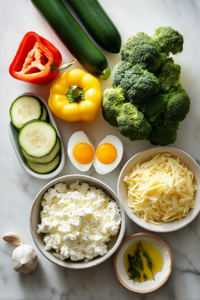 Ultimate High-Protein Veggie Bake with Cottage Cheese 2 Ultimate High-Protein Veggie Bake with Cottage Cheese ingredients displayed on a marble background.