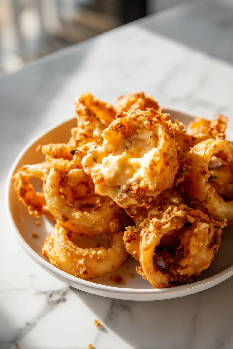 A plate of Jalapeño Popper Stuffed Onion Rings Recipe, with golden crust, melted cheese, and diced jalapeños visible inside.