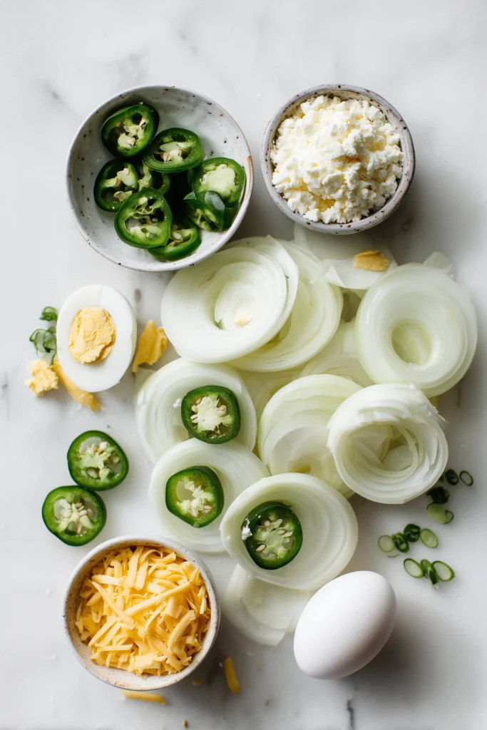 Ingredients for Jalapeño Popper Stuffed Onion Rings Recipe arranged on a white marble surface, including onions, cheese, jalapeños, and breadcrumbs.