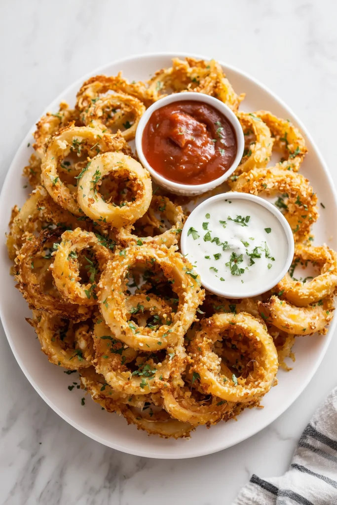 A platter of Jalapeño Popper Stuffed Onion Rings Recipe with bowls of ranch and chipotle dip, golden and fresh for sharing.