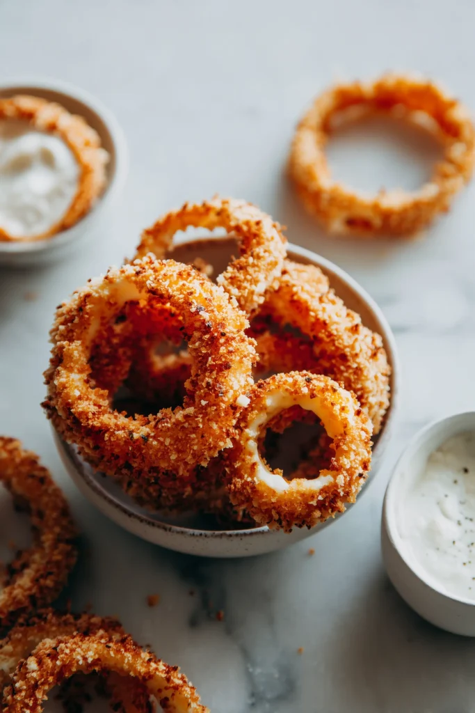 Breaded onion rings filled with creamy jalapeño and cheese, in process on a bright surface for Jalapeño Popper Stuffed Onion Rings Recipe.