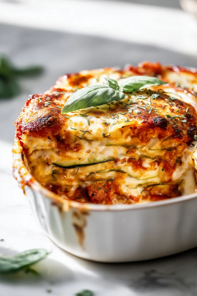 Close-up of Layered Zucchini Ricotta Melts with Marinara showing golden cheese and basil in a casserole dish.