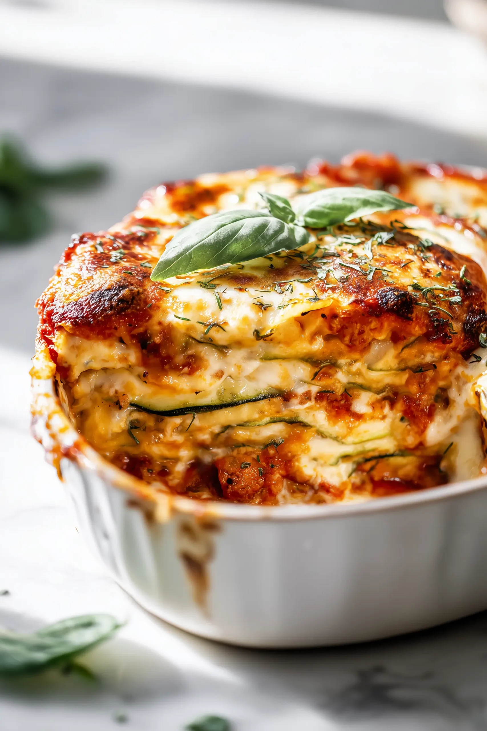 Close-up of Layered Zucchini Ricotta Melts with Marinara showing golden cheese and basil in a casserole dish.