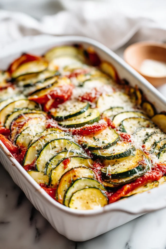 Casserole dish half-filled with zucchini, ricotta, marinara, and mozzarella for Layered Zucchini Ricotta Melts with Marinara.