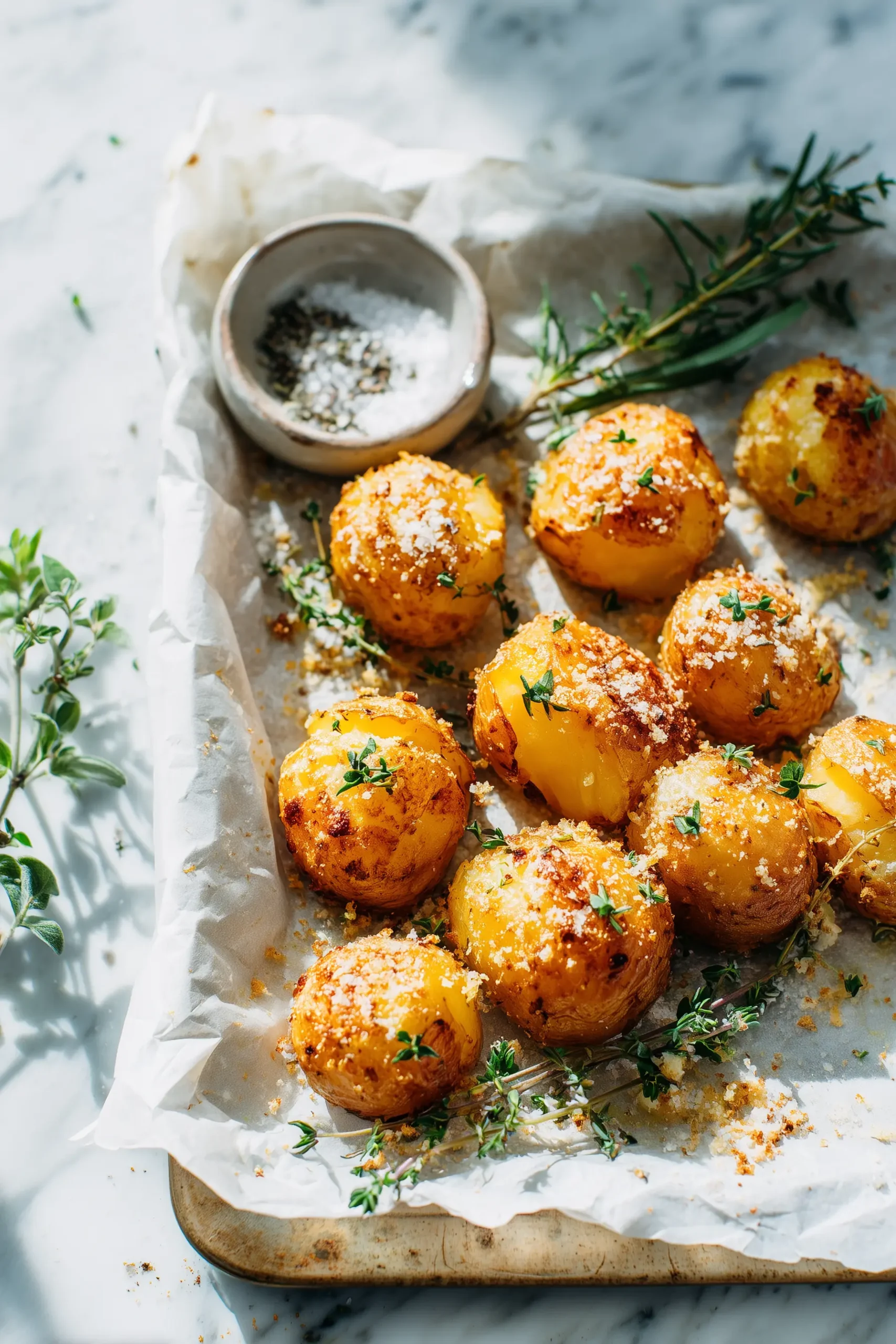 Mayonnaise Roasted Potatoes 5 Golden Mayonnaise Roasted Potatoes with crispy edges on parchment, showing the texture and color clearly.