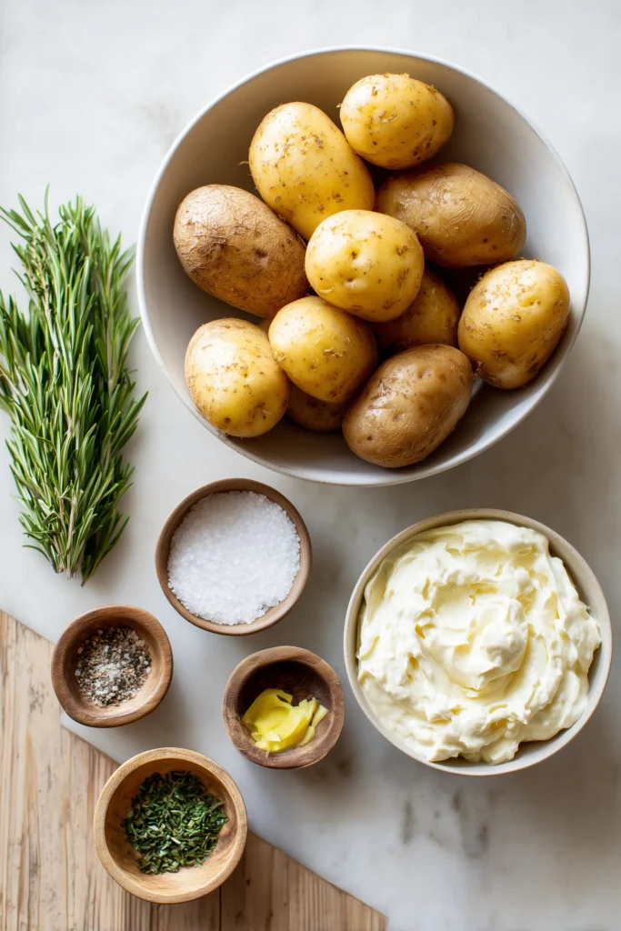 Mayonnaise Roasted Potatoes 2 Ingredients for Mayonnaise Roasted Potatoes shown on a light background, including potatoes, mayonnaise, and seasonings.