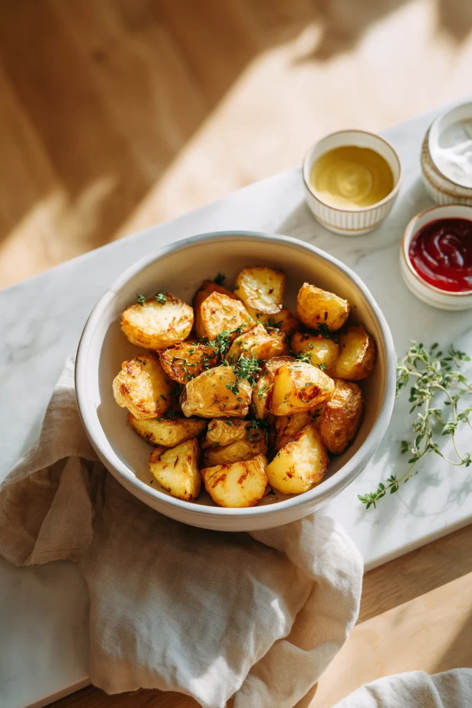 Mayonnaise Roasted Potatoes 4 A bowl of crispy Mayonnaise Roasted Potatoes served with herbs and dips, capturing their golden texture on a clean table.