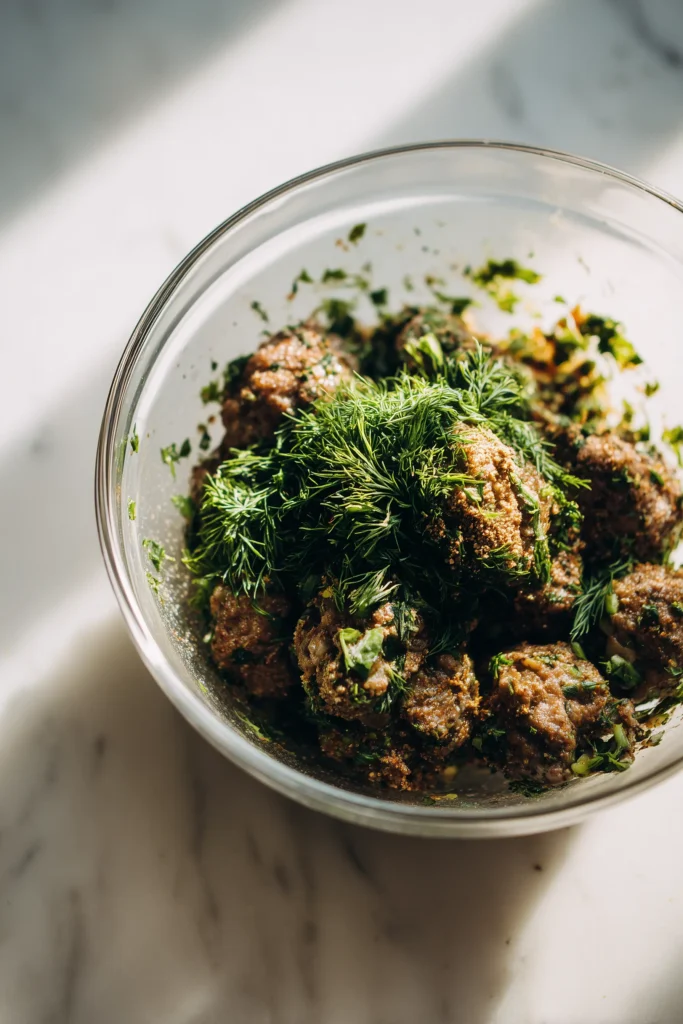 A bowl of seasoned ground turkey for Turkey Mediterranean Meatballs Bowl in bright, natural light.