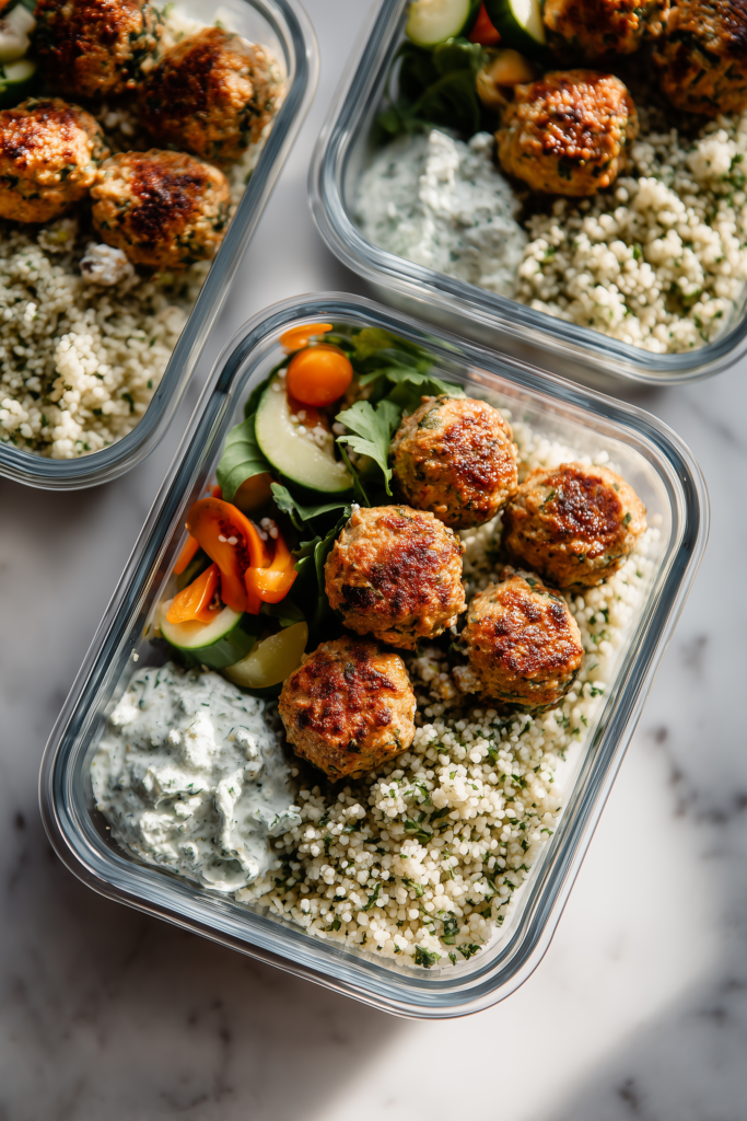 Meal prep containers holding Turkey Mediterranean Meatballs Bowl components, viewed in bright kitchen light.