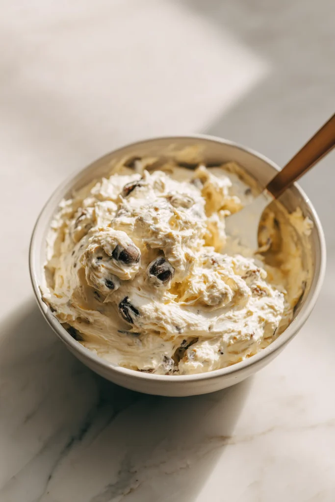 Cheese & Olive Quick Bread 3 Cheese & Olive Quick Bread batter with visible cheese and olives in a mixing bowl, ready for baking.
