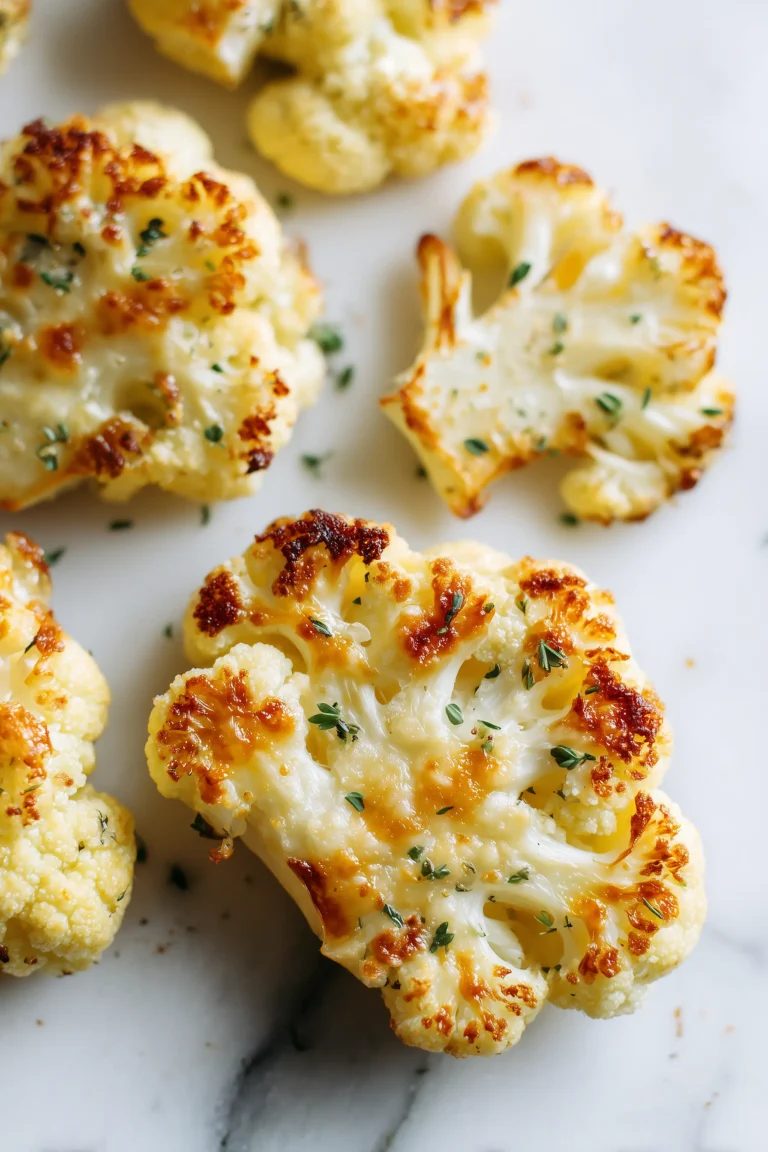 Golden Parmesan Roasted Cauliflower florets with crispy cheese on a white marble background.