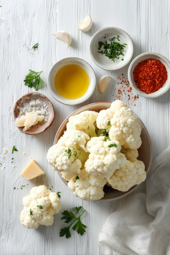 Ingredients for Parmesan Roasted Cauliflower including cauliflower, cheese, olive oil, and spices laid out on wood.