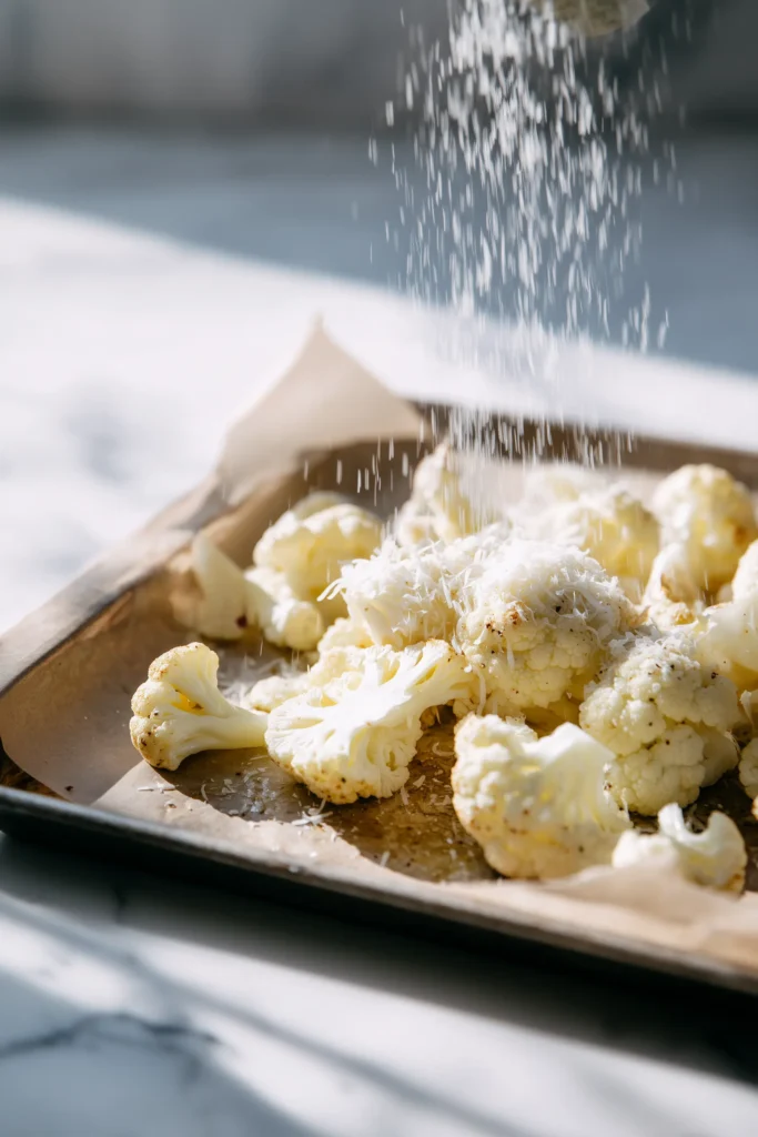 Cauliflower florets coated in oil and cheese on a baking sheet, ready to roast for Parmesan Roasted Cauliflower.